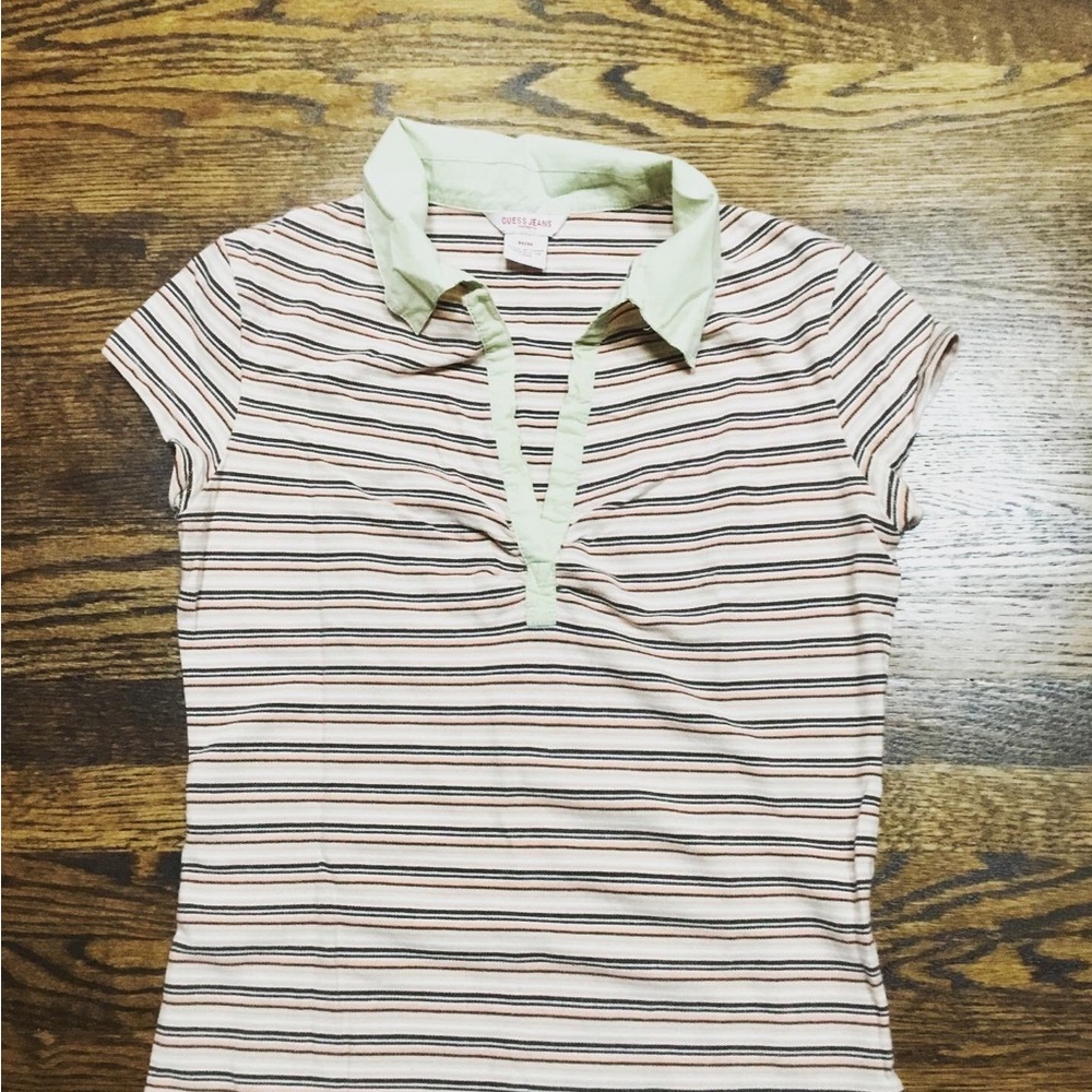 Guess Striped Short Sleeve Top - Cream and Brown